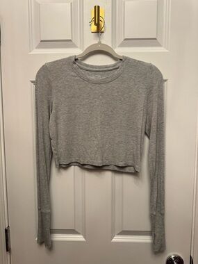 aerie Heather Gray Ribbed Cropped Long-Sleeve Top